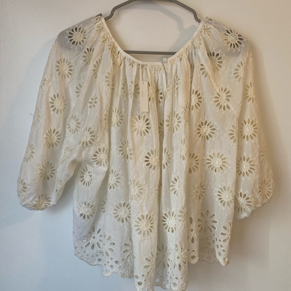 Madewell Eyelet Floral Cotton Boho Peasant Blouse White Ivory Cottagecore NWT S - Picture 3 of 8